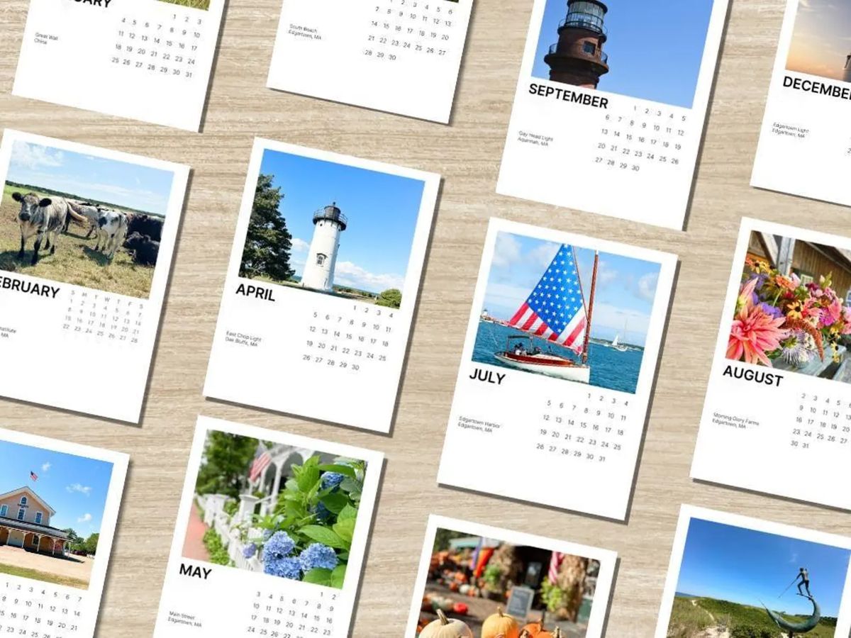 Pages of the 2027 Martha's Vineyard desk calendar: East Chop Light, Gay Head Light, Edgartown Harbor, hydrangeas on Main Street, and flowers at Morning Glory Farm